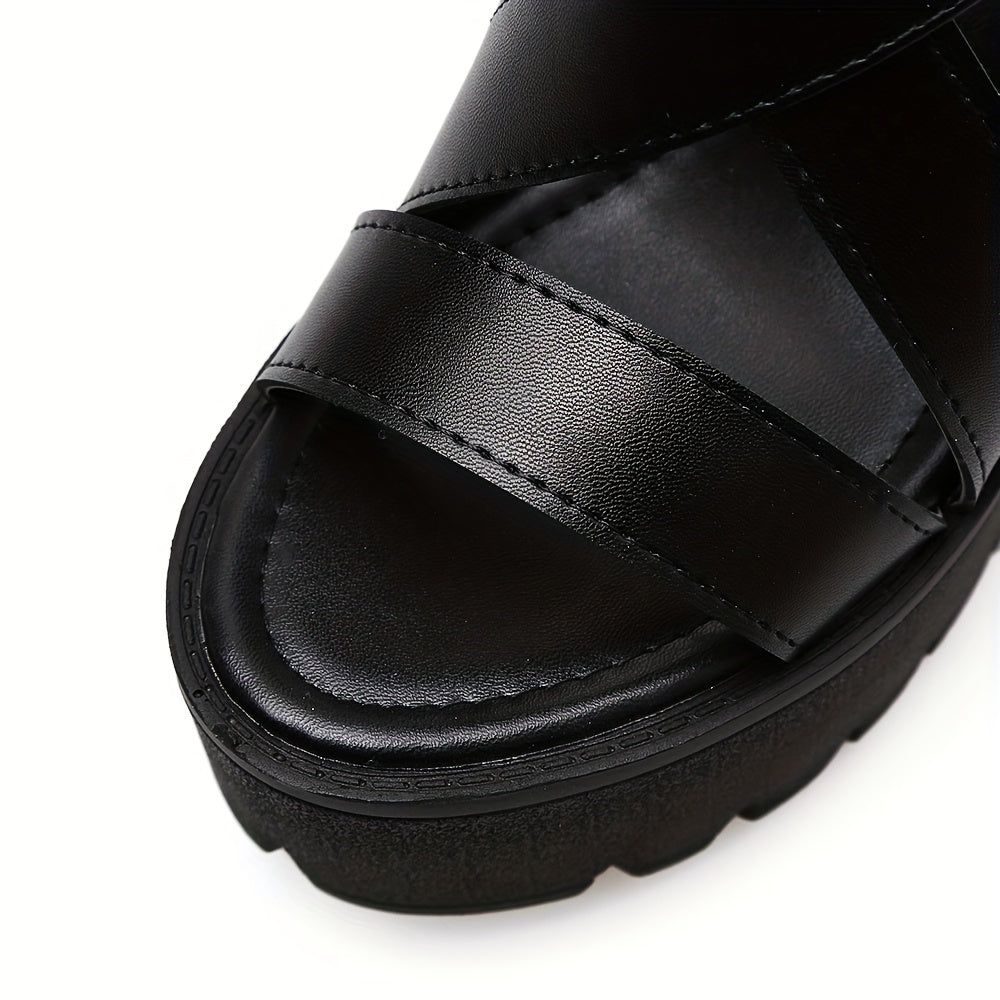 Women's Chunky Platform Pumps with Cross Strap & Back Zipper