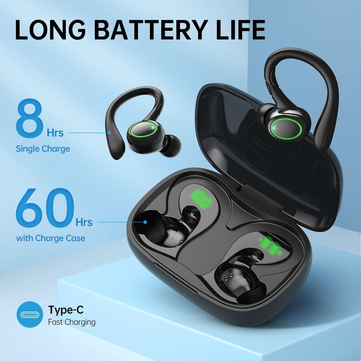 TWS Earhook Earbuds | Waterproof, Noise Cancelling with LED Case