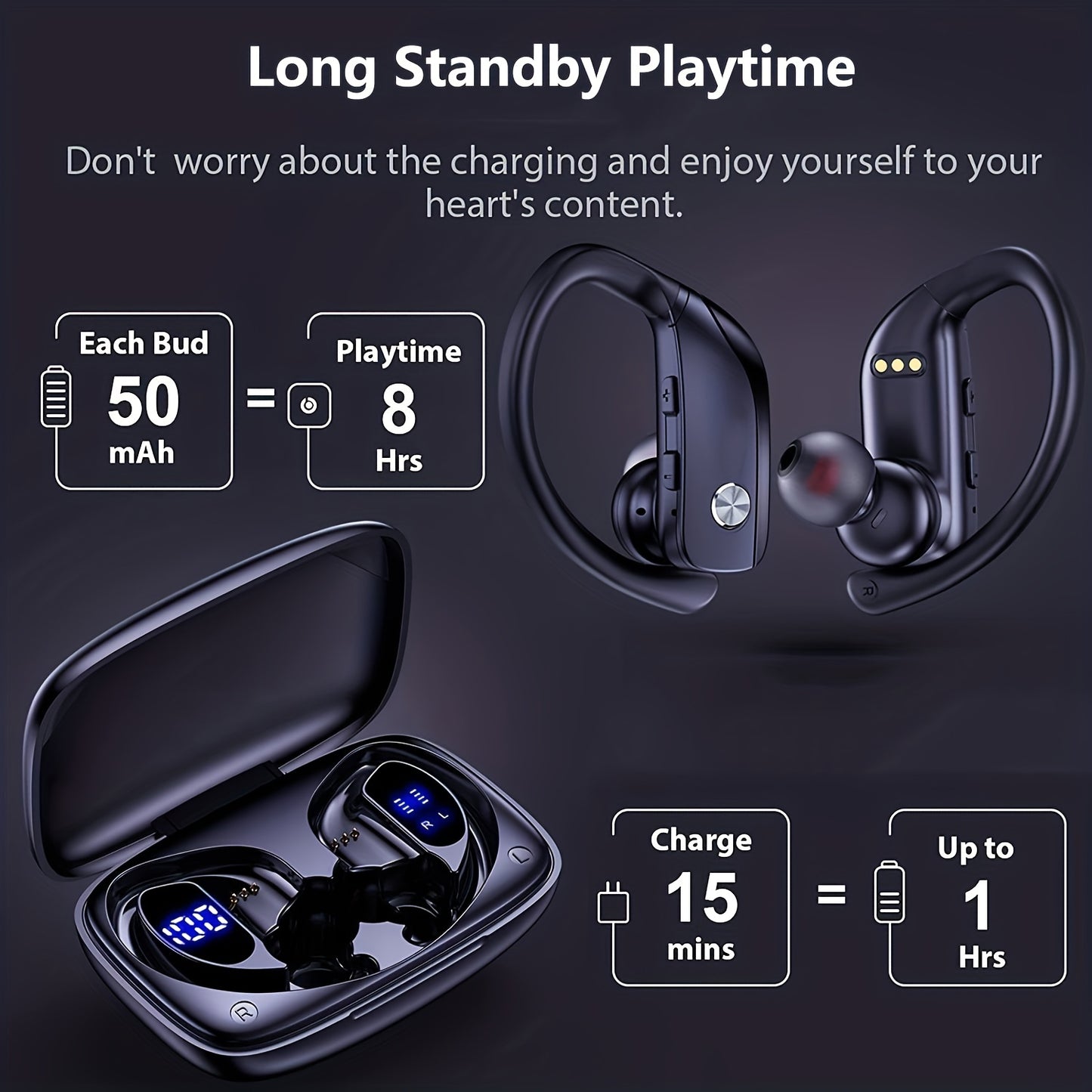 Wireless Sport Earbuds | 50H Playtime, Over-Ear Fit, Noise Cancelling, LED Display