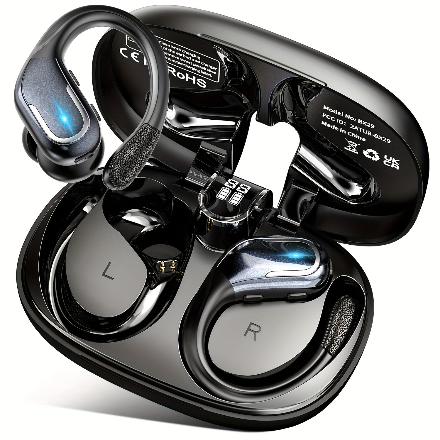 Secure-Fit Sport Earbuds with Ear Hooks, Pure Bass & LED Power Display