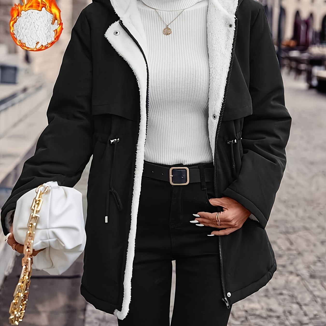 Women's Hooded Fleece Coat | Winter Jacket with Drawstring Waist