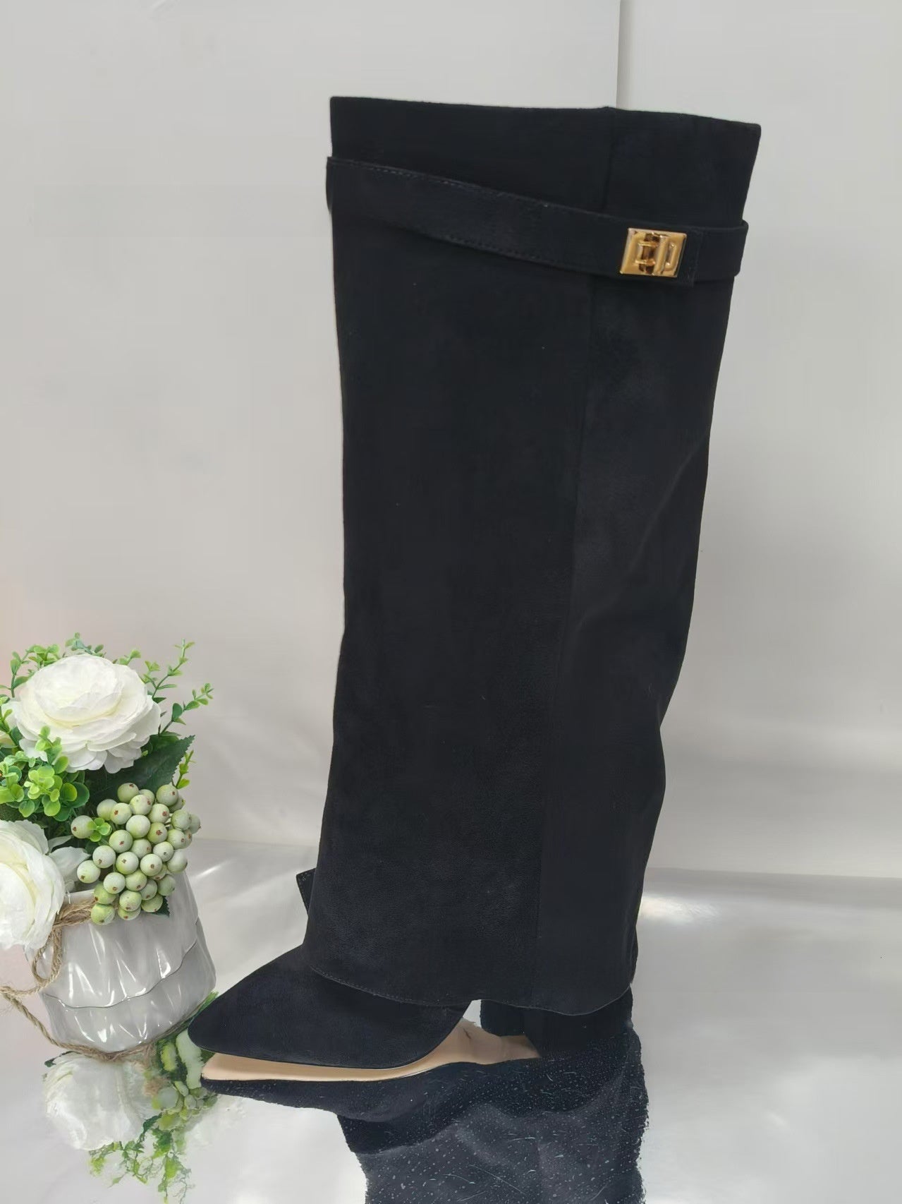 Women's Pointed Toe High Heel Boots with Metal Buckle