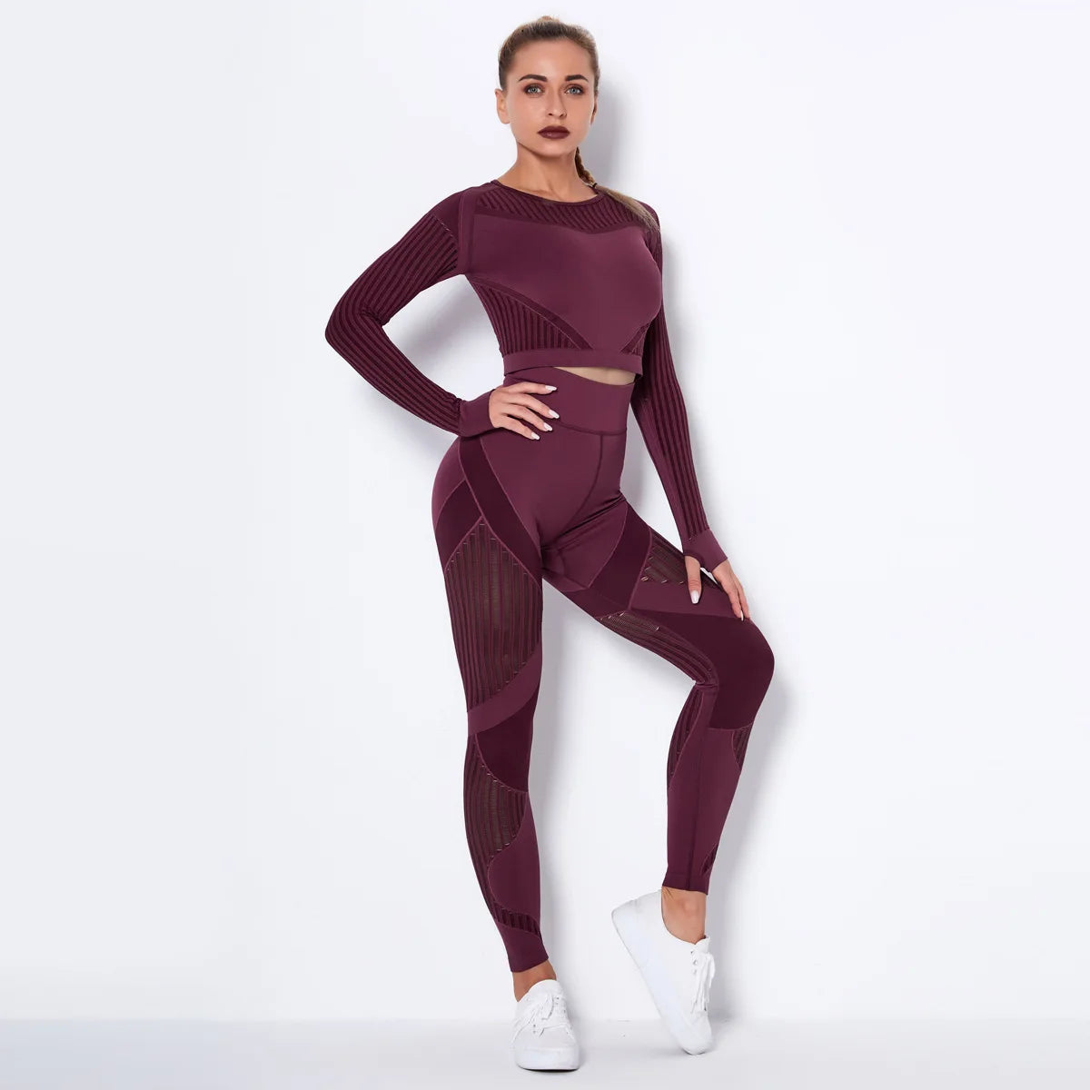 Xsunwing New Ropa Deportiva Mujer Women Sports Gym Wear Workout Tights Crop Top 2 Pieces Long Sleeve Fitness Yoga Set WYSK6301