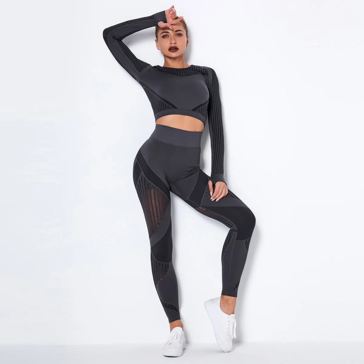 Xsunwing New Ropa Deportiva Mujer Women Sports Gym Wear Workout Tights Crop Top 2 Pieces Long Sleeve Fitness Yoga Set WYSK6301