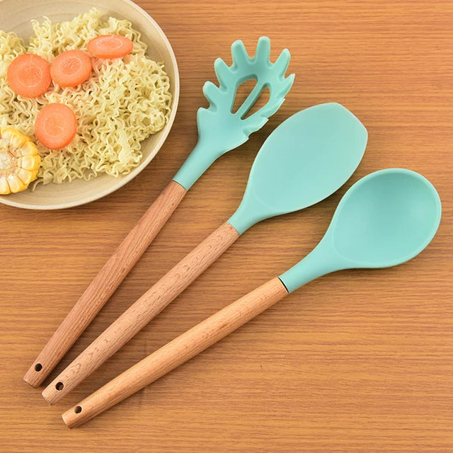 Huabao 13-Piece Premium Silicone & Wood Utensil Set