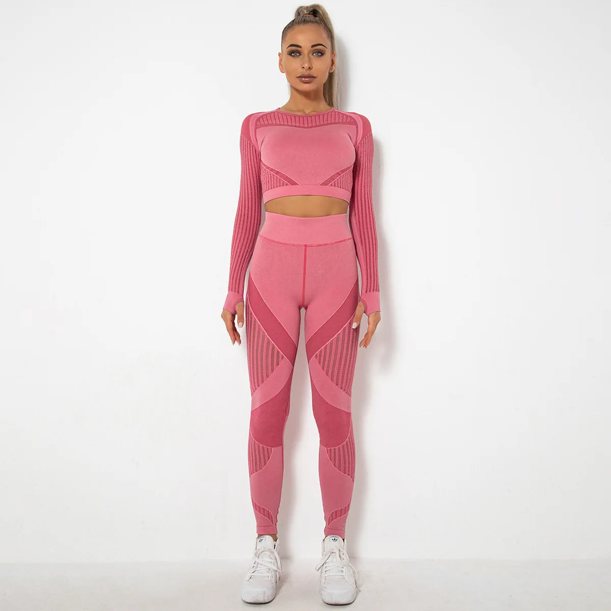 Xsunwing New Ropa Deportiva Mujer Women Sports Gym Wear Workout Tights Crop Top 2 Pieces Long Sleeve Fitness Yoga Set WYSK6301