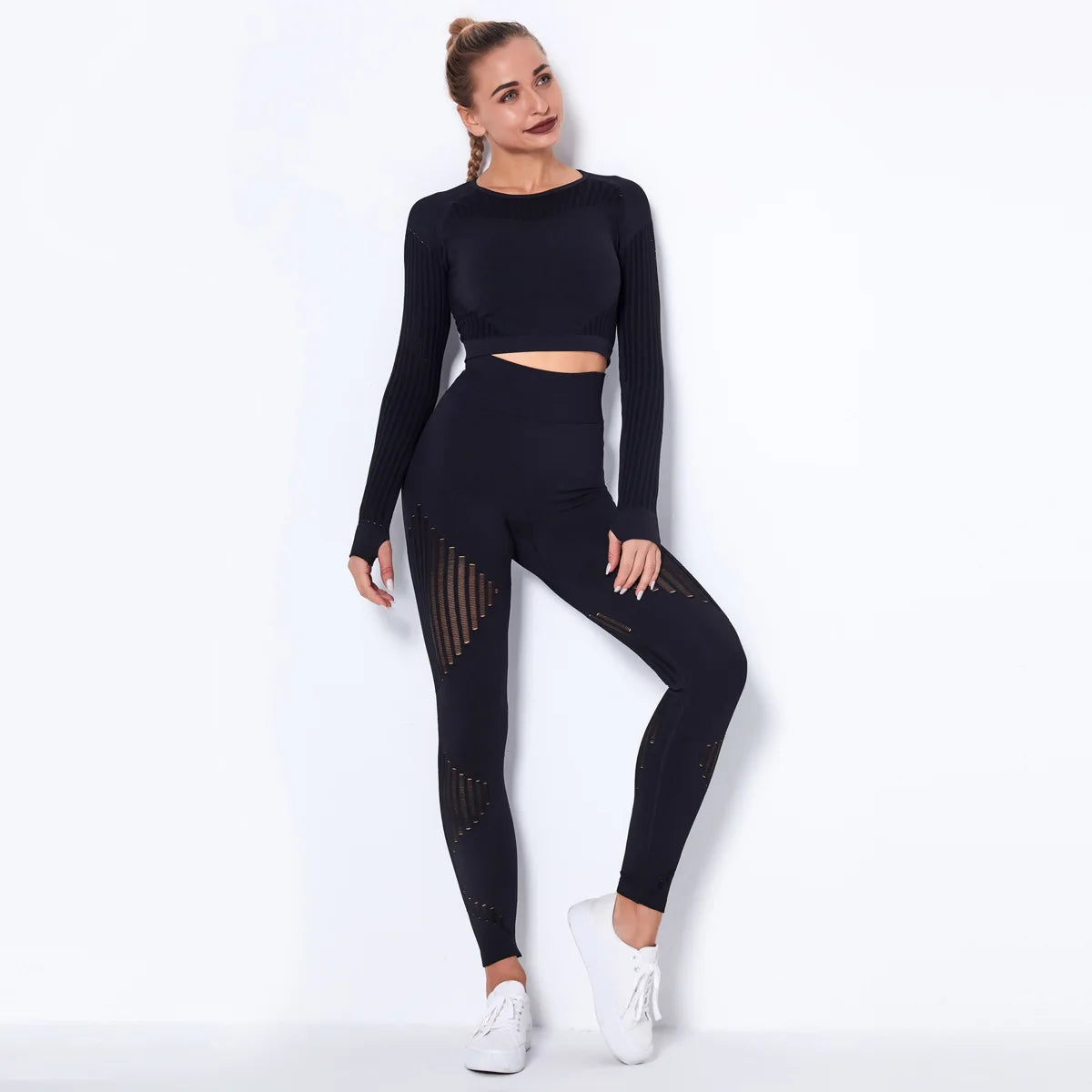 Xsunwing New Ropa Deportiva Mujer Women Sports Gym Wear Workout Tights Crop Top 2 Pieces Long Sleeve Fitness Yoga Set WYSK6301