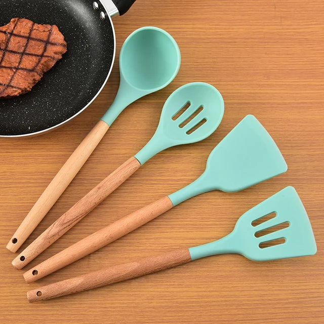 Huabao 13-Piece Premium Silicone & Wood Utensil Set