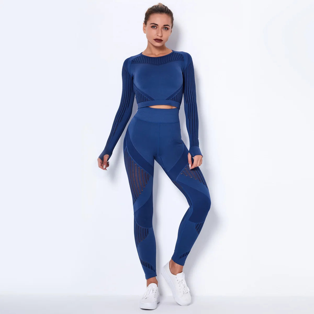 Xsunwing New Ropa Deportiva Mujer Women Sports Gym Wear Workout Tights Crop Top 2 Pieces Long Sleeve Fitness Yoga Set WYSK6301