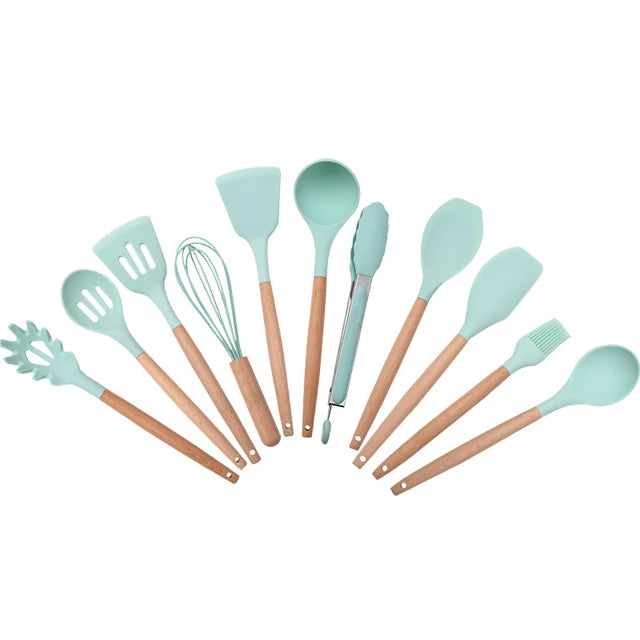 Huabao 13-Piece Premium Silicone & Wood Utensil Set