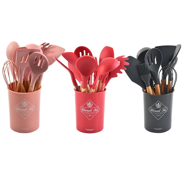 Huabao 13-Piece Premium Silicone & Wood Utensil Set