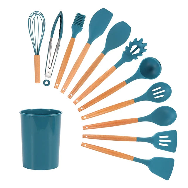 Huabao 13-Piece Premium Silicone & Wood Utensil Set