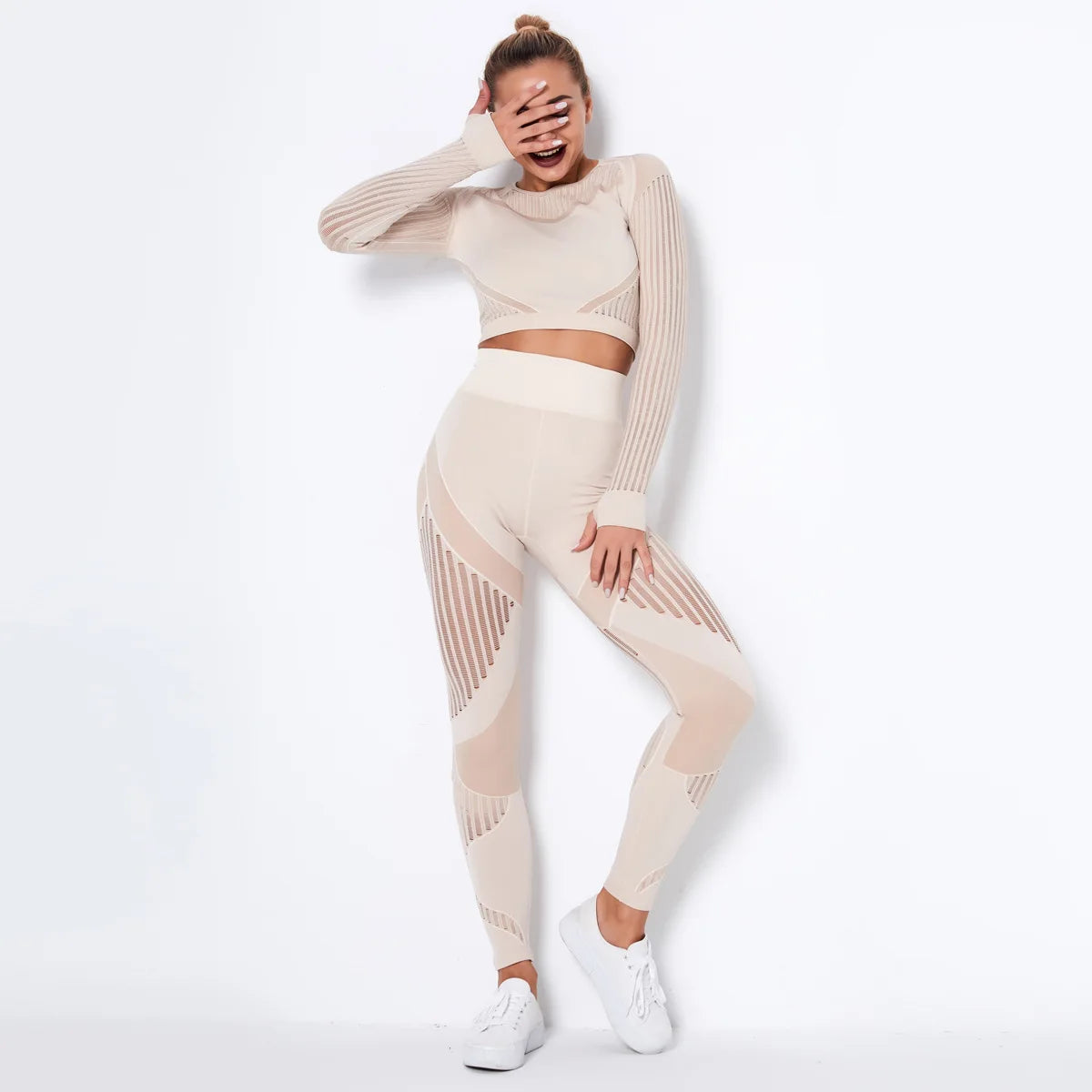 Xsunwing New Ropa Deportiva Mujer Women Sports Gym Wear Workout Tights Crop Top 2 Pieces Long Sleeve Fitness Yoga Set WYSK6301