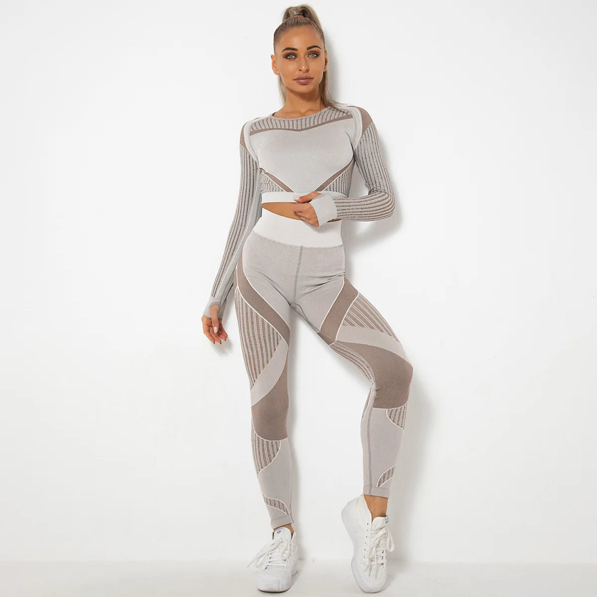 Xsunwing New Ropa Deportiva Mujer Women Sports Gym Wear Workout Tights Crop Top 2 Pieces Long Sleeve Fitness Yoga Set WYSK6301