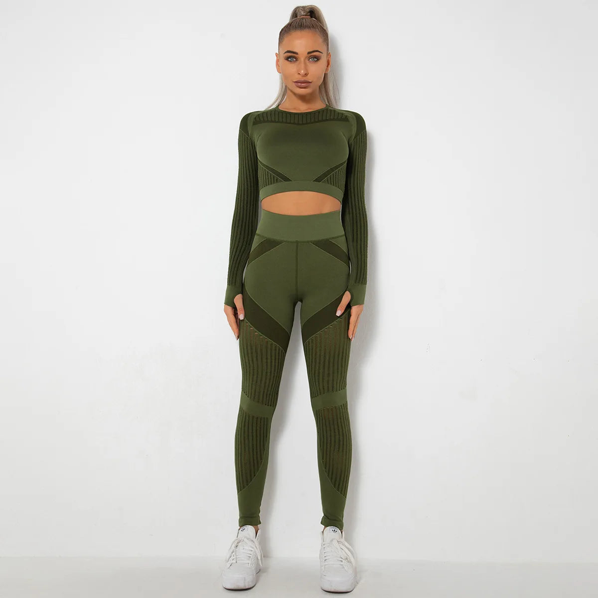 Xsunwing New Ropa Deportiva Mujer Women Sports Gym Wear Workout Tights Crop Top 2 Pieces Long Sleeve Fitness Yoga Set WYSK6301