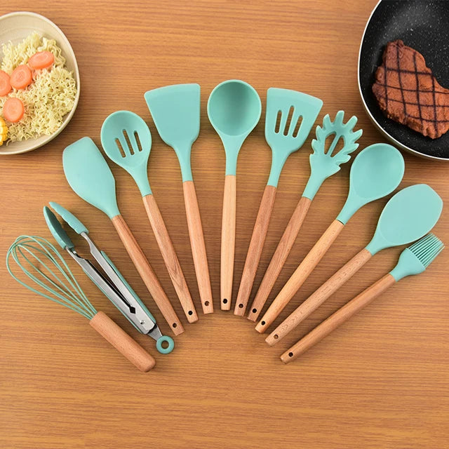 Huabao 13-Piece Premium Silicone & Wood Utensil Set