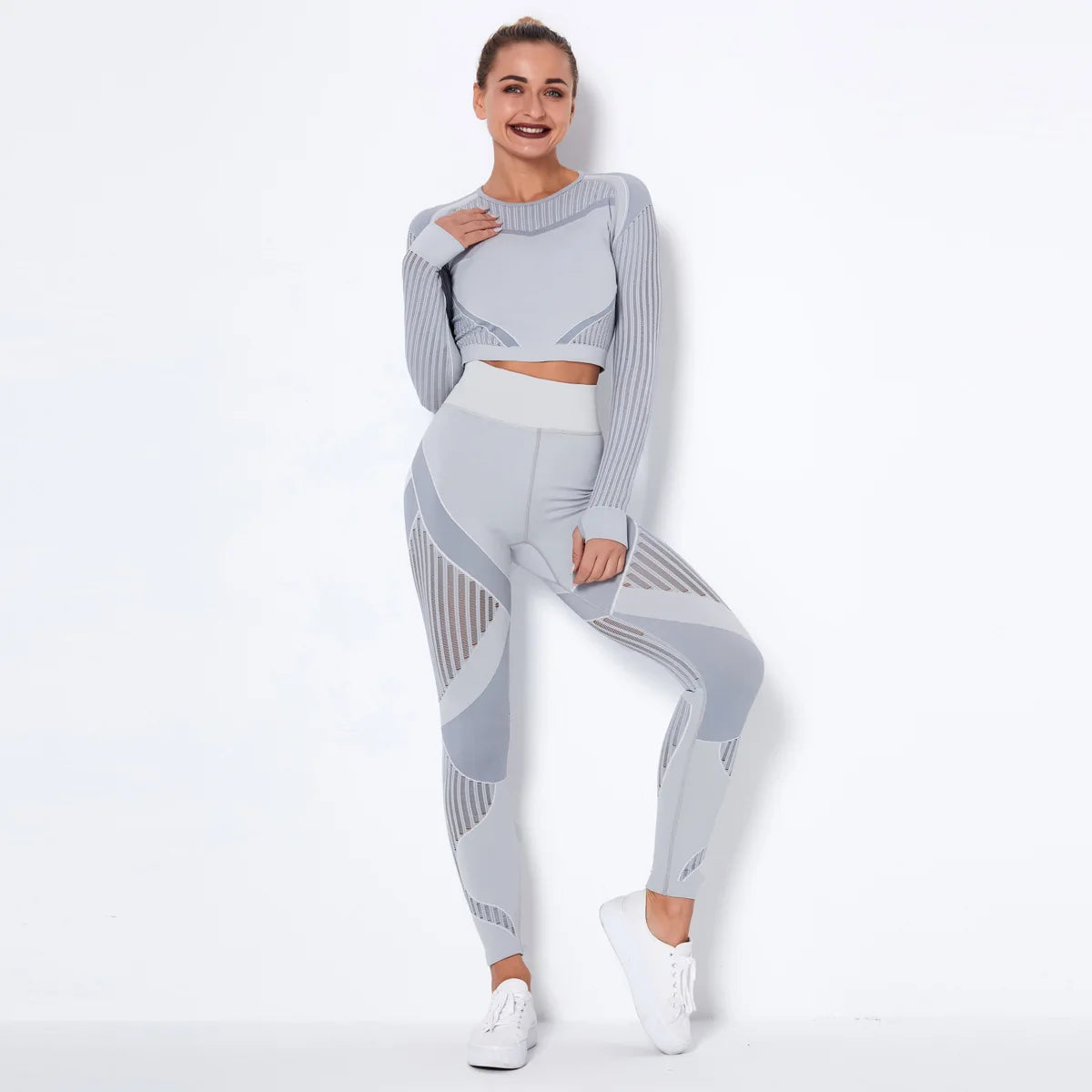 Xsunwing New Ropa Deportiva Mujer Women Sports Gym Wear Workout Tights Crop Top 2 Pieces Long Sleeve Fitness Yoga Set WYSK6301