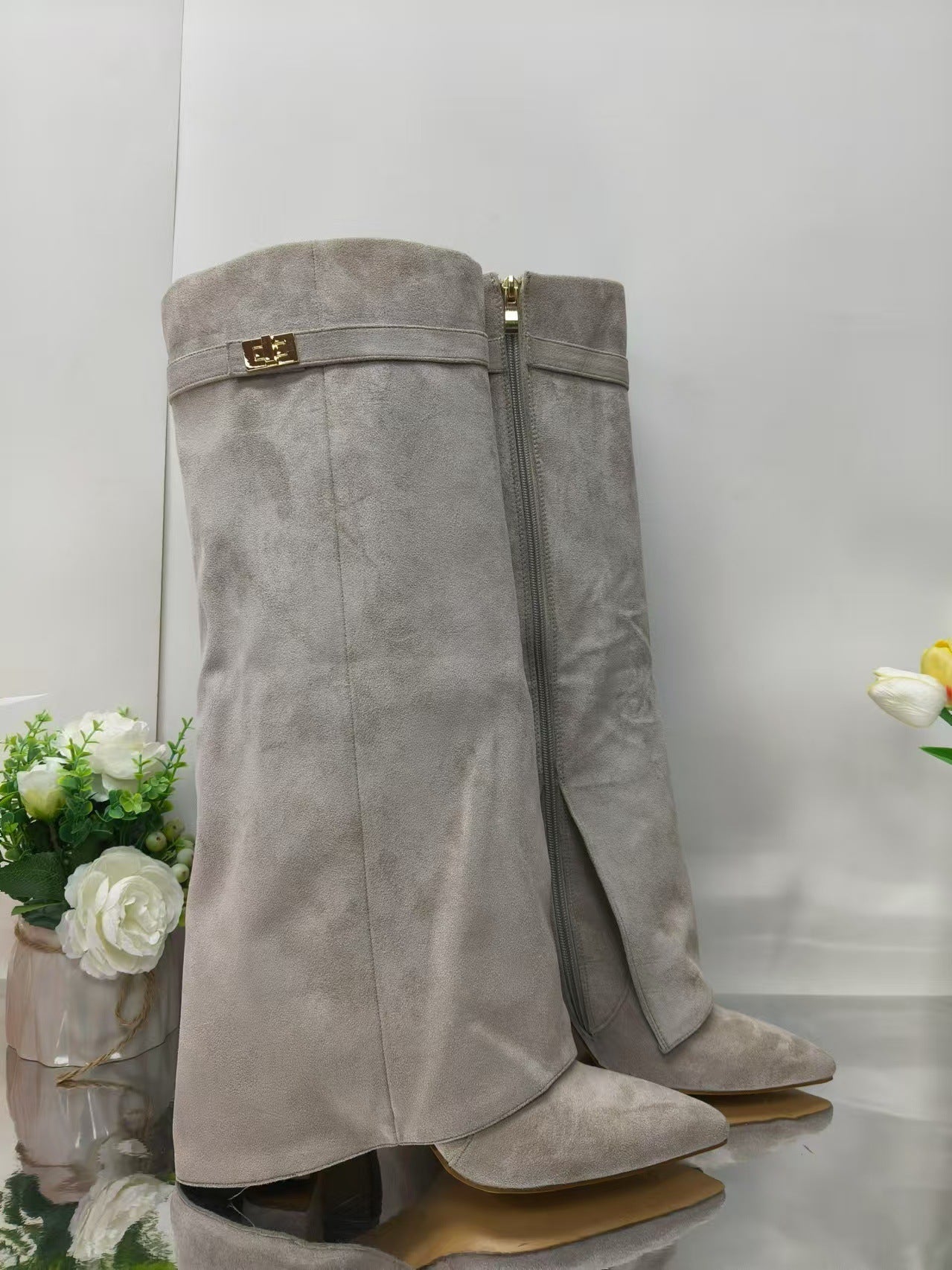 Women's Pointed Toe High Heel Boots with Metal Buckle