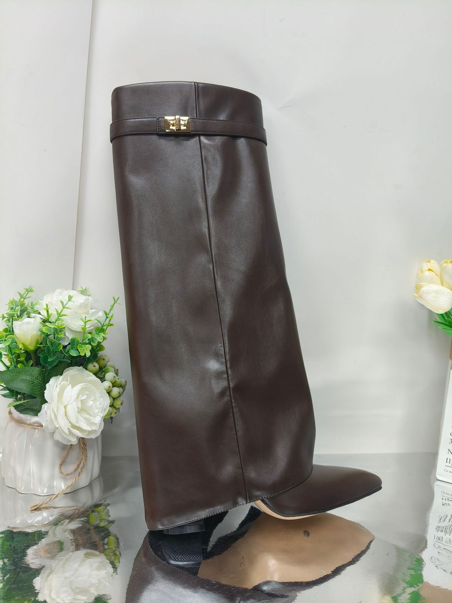 Women's Pointed Toe High Heel Boots with Metal Buckle