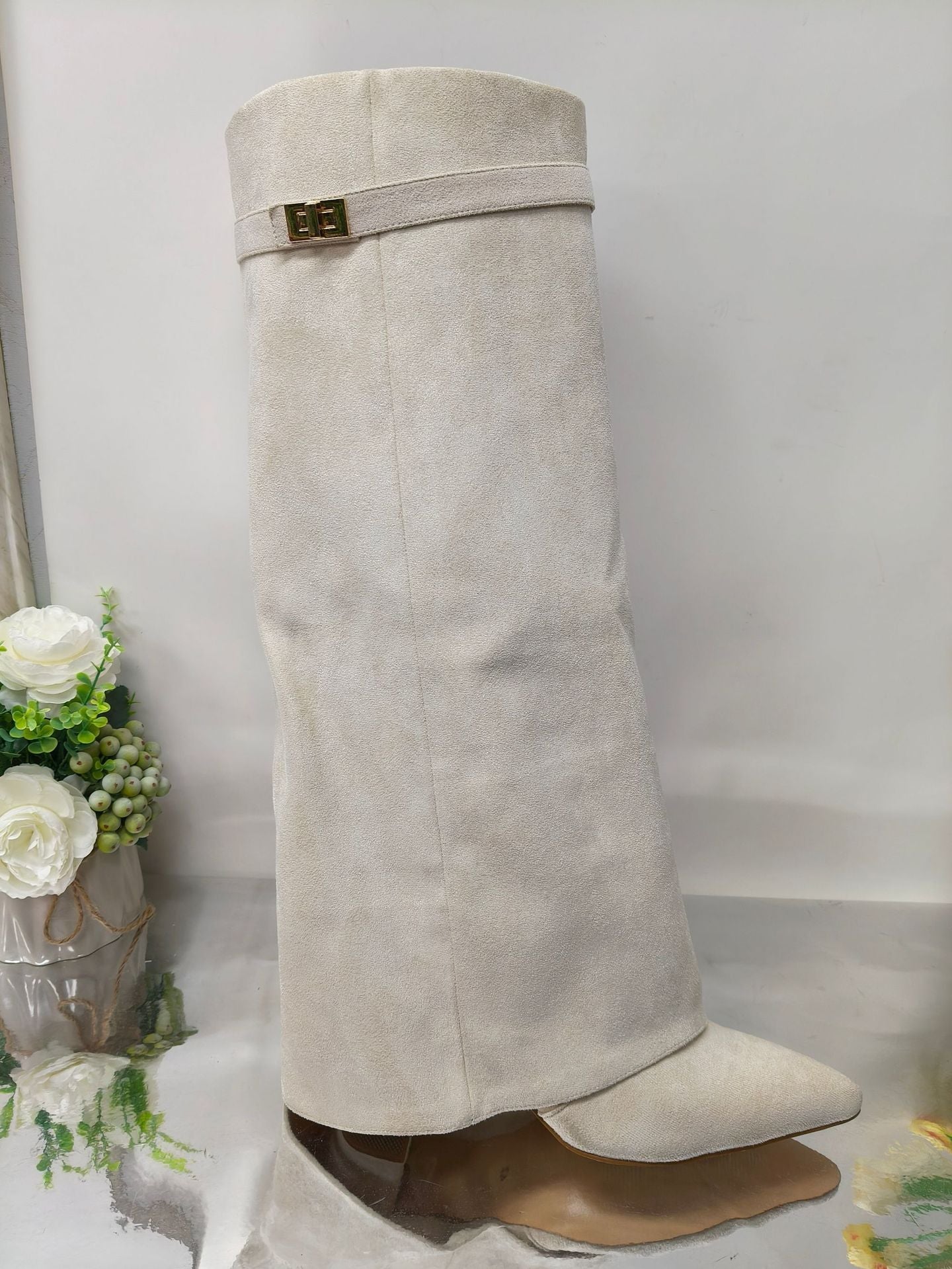 Women's Pointed Toe High Heel Boots with Metal Buckle