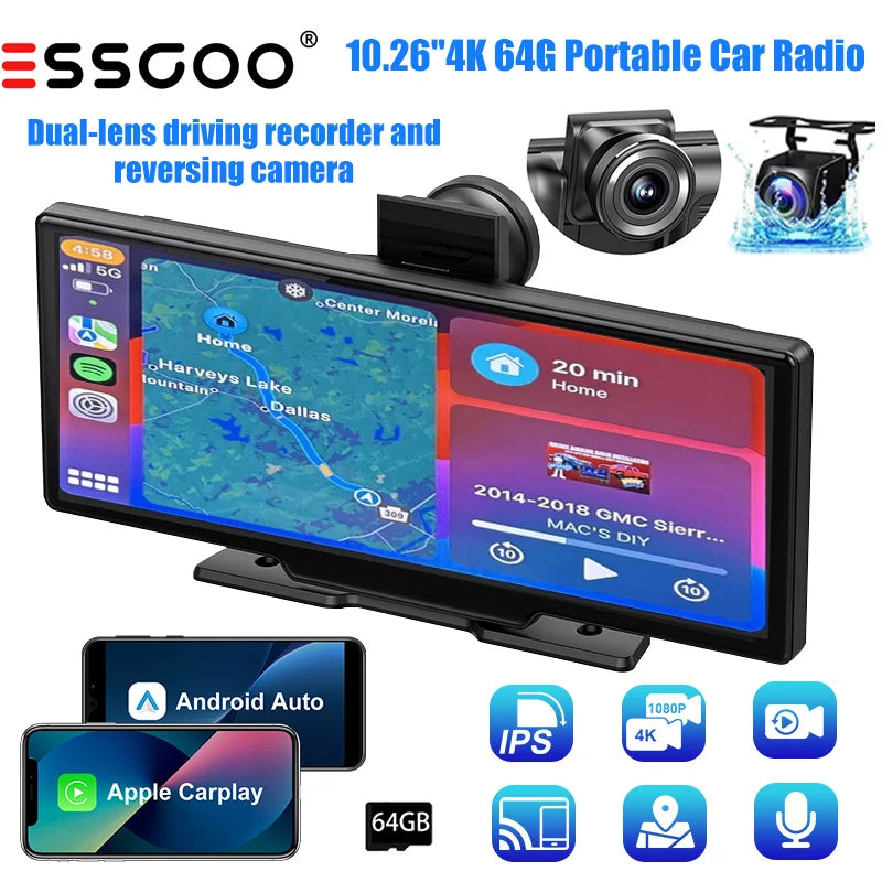 10.26" 4K Touchscreen Car Stereo | Wireless Apple CarPlay & Android Auto | 64GB Storage | GPS Navigation | Bluetooth | Backup Camera Input