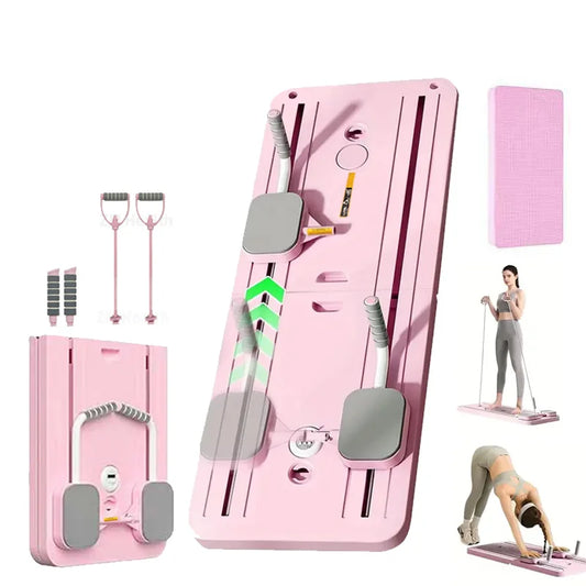 Pink exercise board with various attachments on a white background