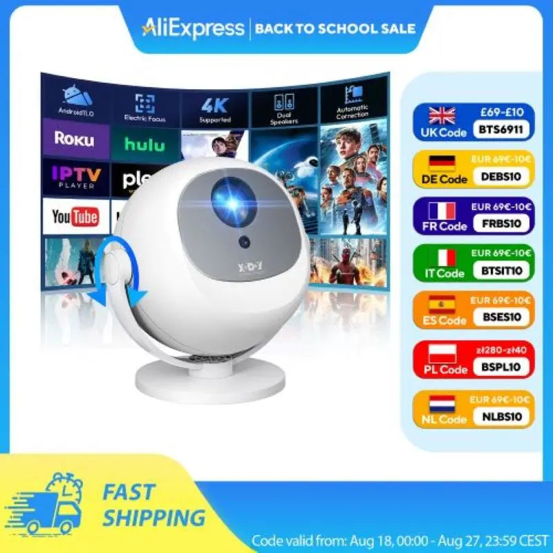 XGODY 350 ANSI Lumens 4K Portable Android Projector with WiFi 6, Bluetooth, & 50% Zoom