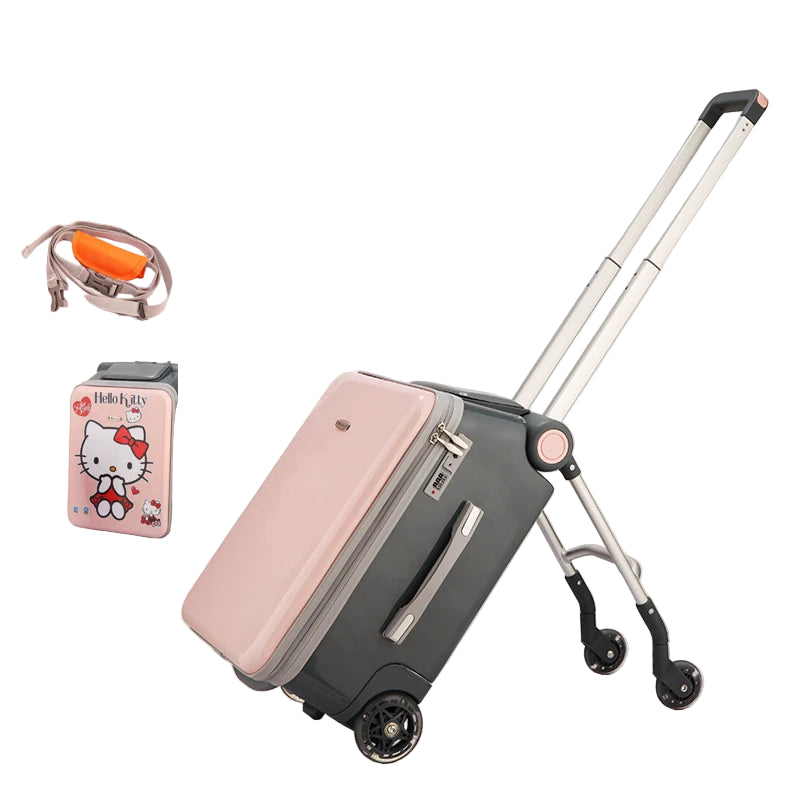 Pink and gray suitcase with a Hello Kitty safety belt and stickers on a light gray background