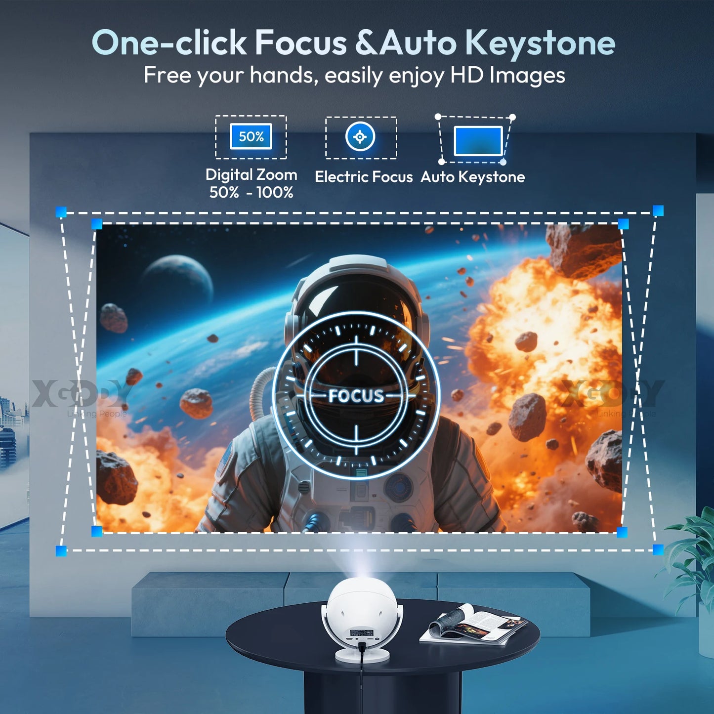 XGODY 350 ANSI Lumens 4K Portable Android Projector with WiFi 6, Bluetooth, & 50% Zoom