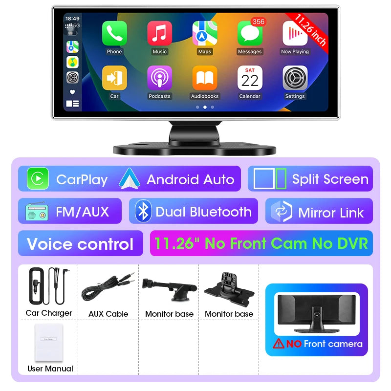 All-in-One 10.1/11.26" 4K Touchscreen Car Stereo | Wireless CarPlay & Android Auto | Built-in GPS & DVR Recorder | Dual Channel Recording | WiFi & Bluetooth