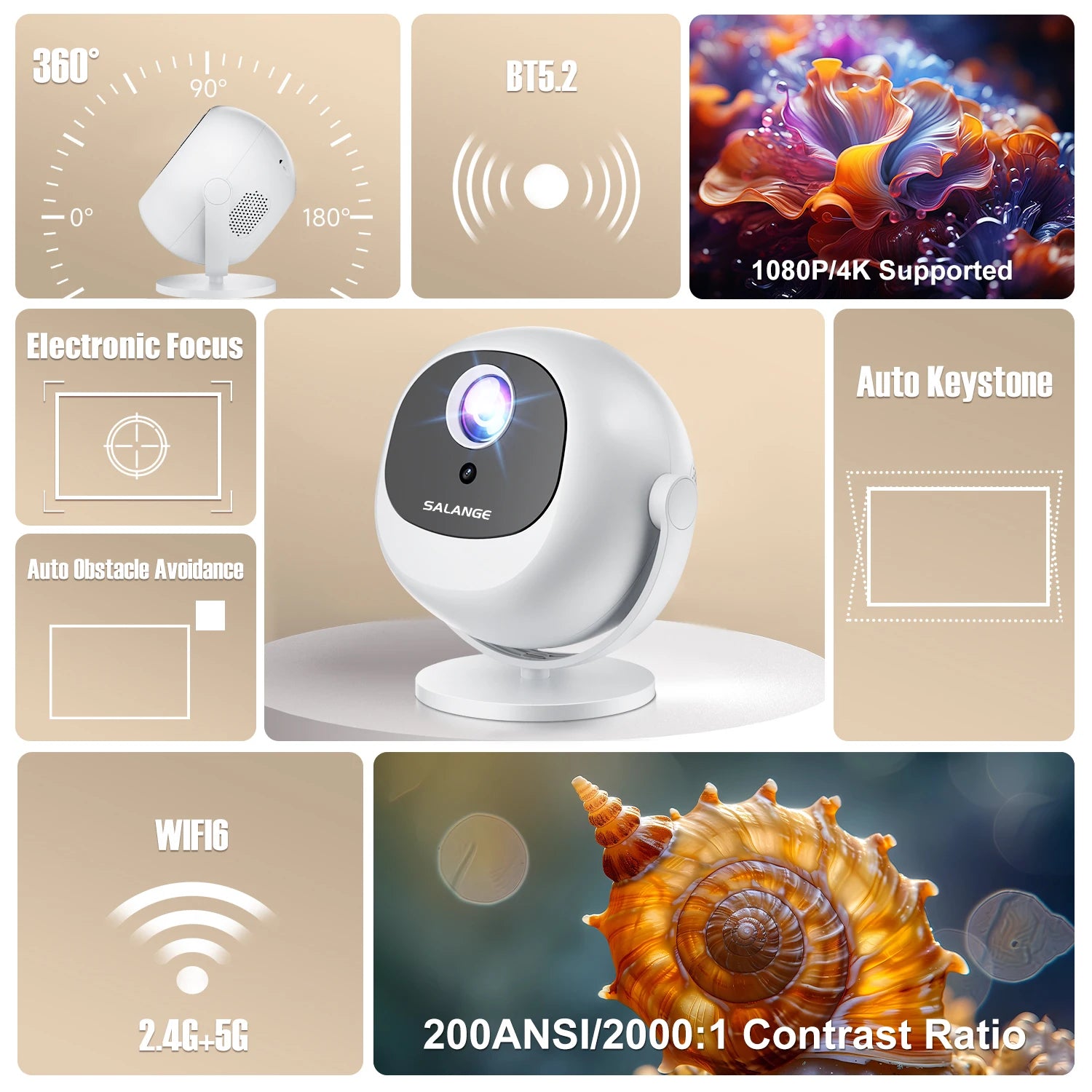 Salange Native 1080P 340ANSI 4K Mini Projector Andorid TV11.0 P360 360°