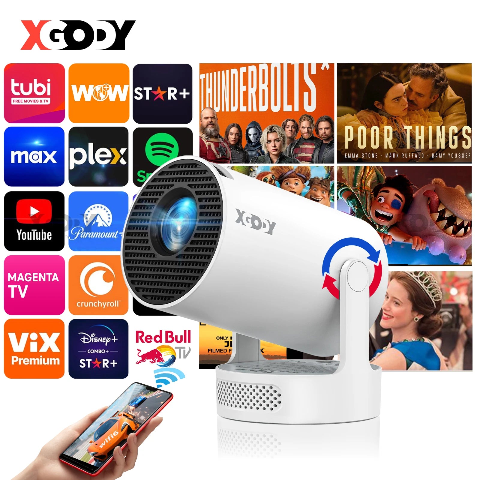 XGODY Gimbal 3S Short-Throw Projector | 720P HD, 250 ANSI Lumens, Android 11 with WiFi 6