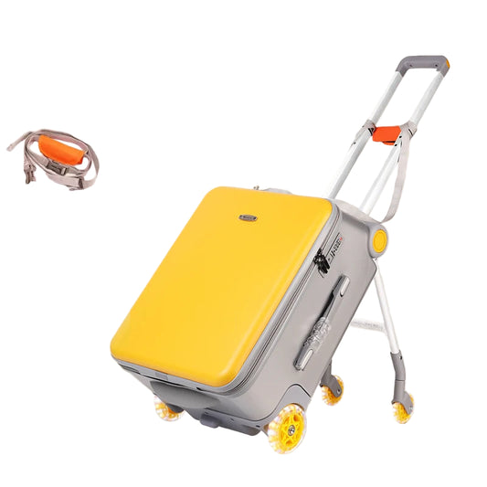 Yellow suitcase with wheels and handle on a beige background