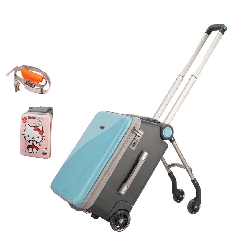 Blue and gray suitcase with a Hello Kitty product on a white background