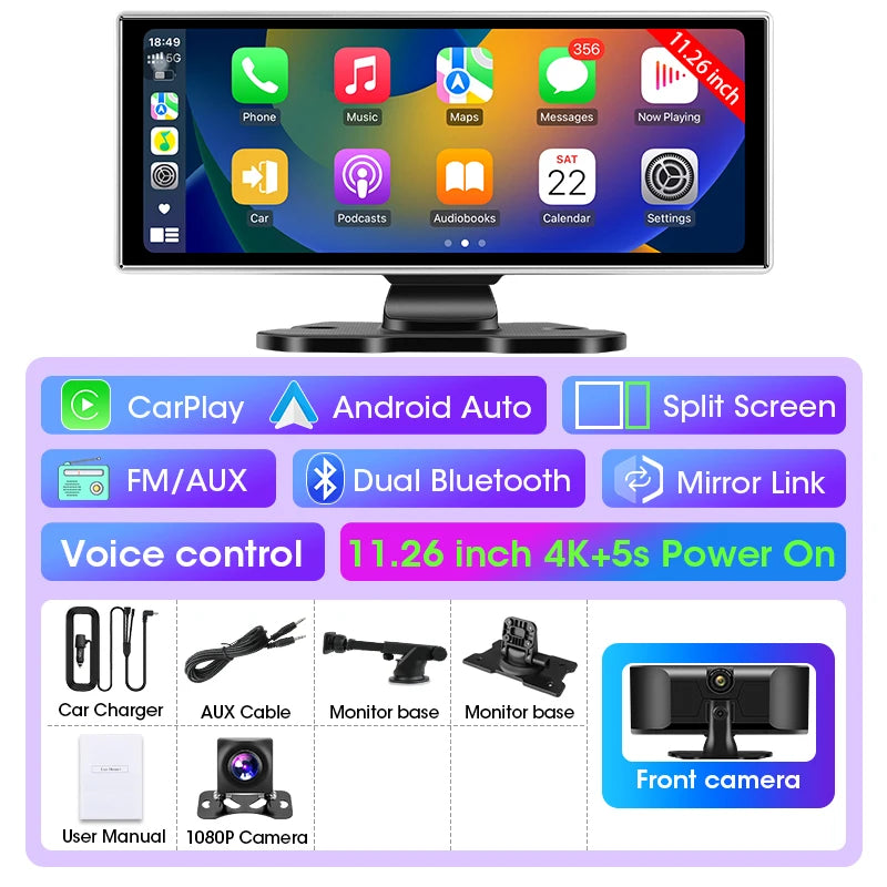 All-in-One 10.1/11.26" 4K Touchscreen Car Stereo | Wireless CarPlay & Android Auto | Built-in GPS & DVR Recorder | Dual Channel Recording | WiFi & Bluetooth