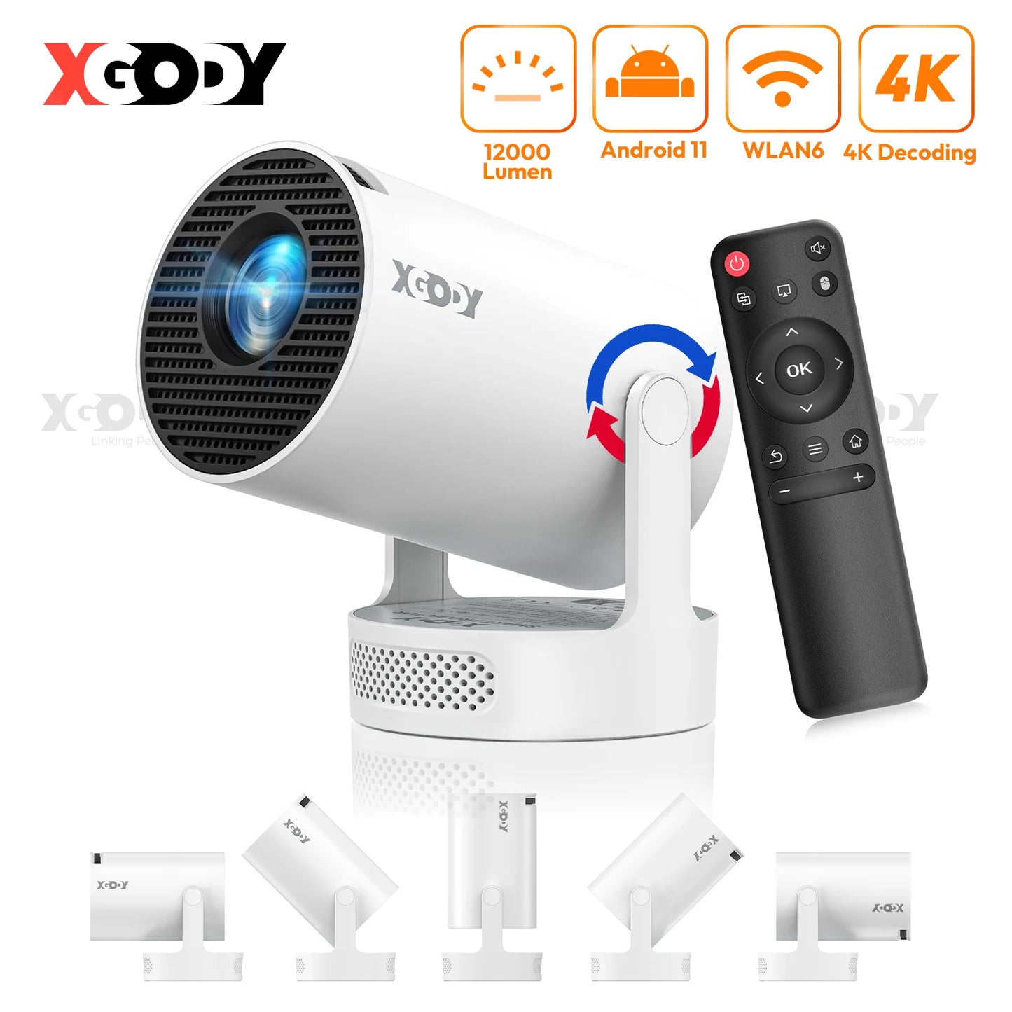 XGODY Gimbal 3S Short-Throw Projector | 720P HD, 250 ANSI Lumens, Android 11 with WiFi 6