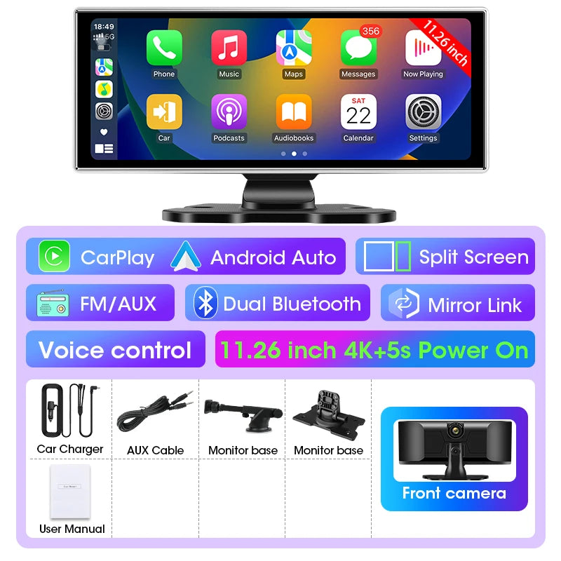 All-in-One 10.1/11.26" 4K Touchscreen Car Stereo | Wireless CarPlay & Android Auto | Built-in GPS & DVR Recorder | Dual Channel Recording | WiFi & Bluetooth