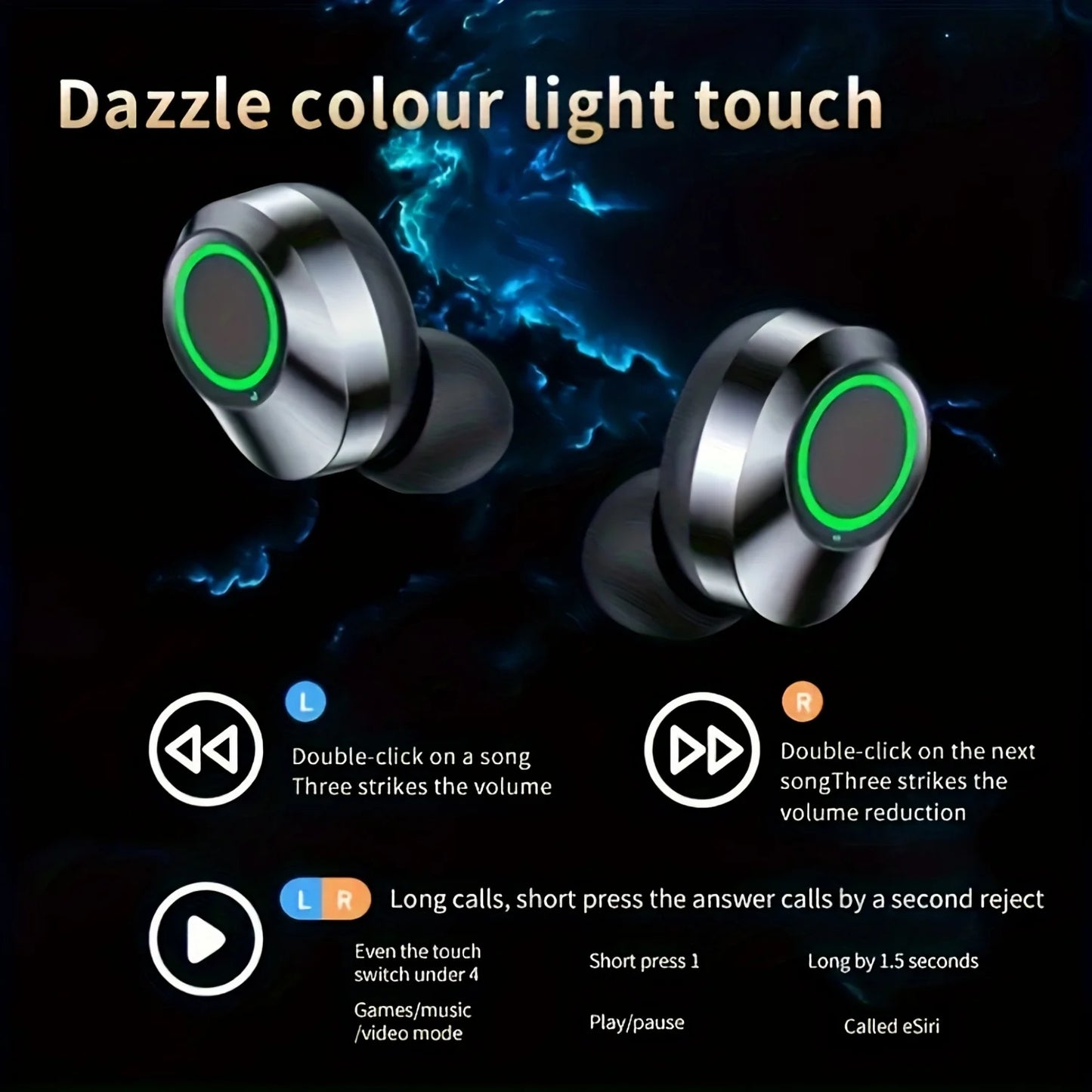 Wireless earphones with mirrored LED display, touch control,stereo in ear wireless earphones, suitable for IOS and Android