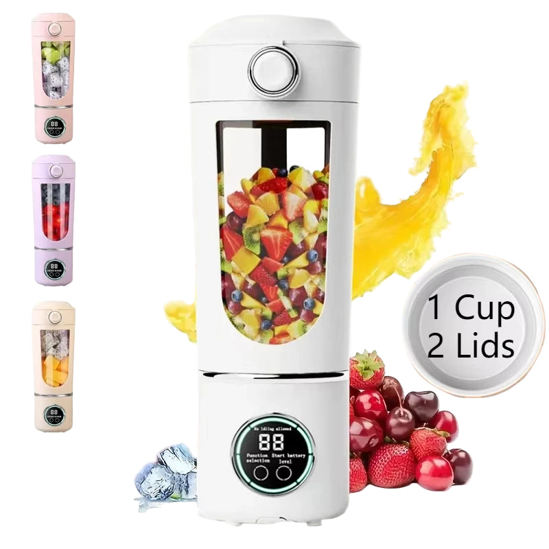 Portable blender with fruit inside, surrounded by additional blenders and fruit images on a white background.