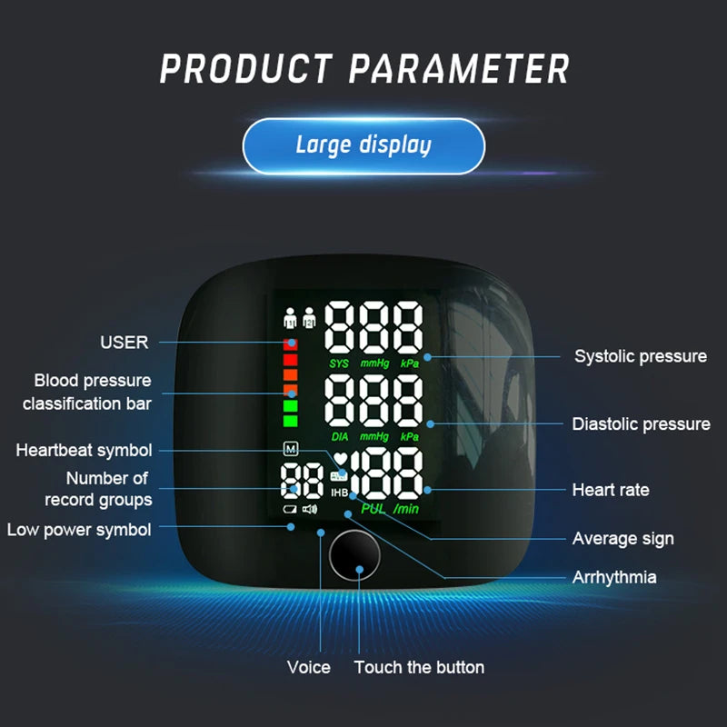 English Voice Activated Portable LED Wrist Blood Pressure Monitor