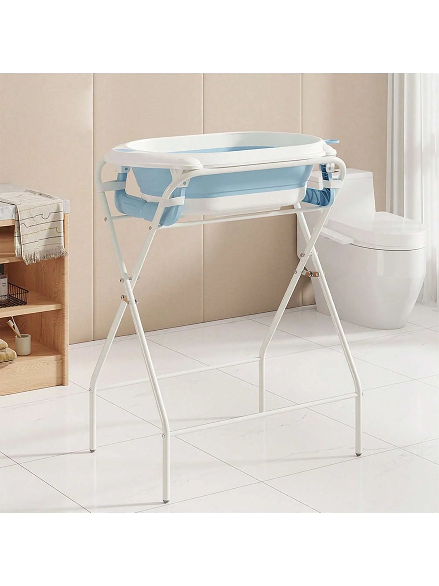 Baby Bath Tub with Stand (Foldable) – Thermometer, Ergonomic Cushion, Bath Pillow