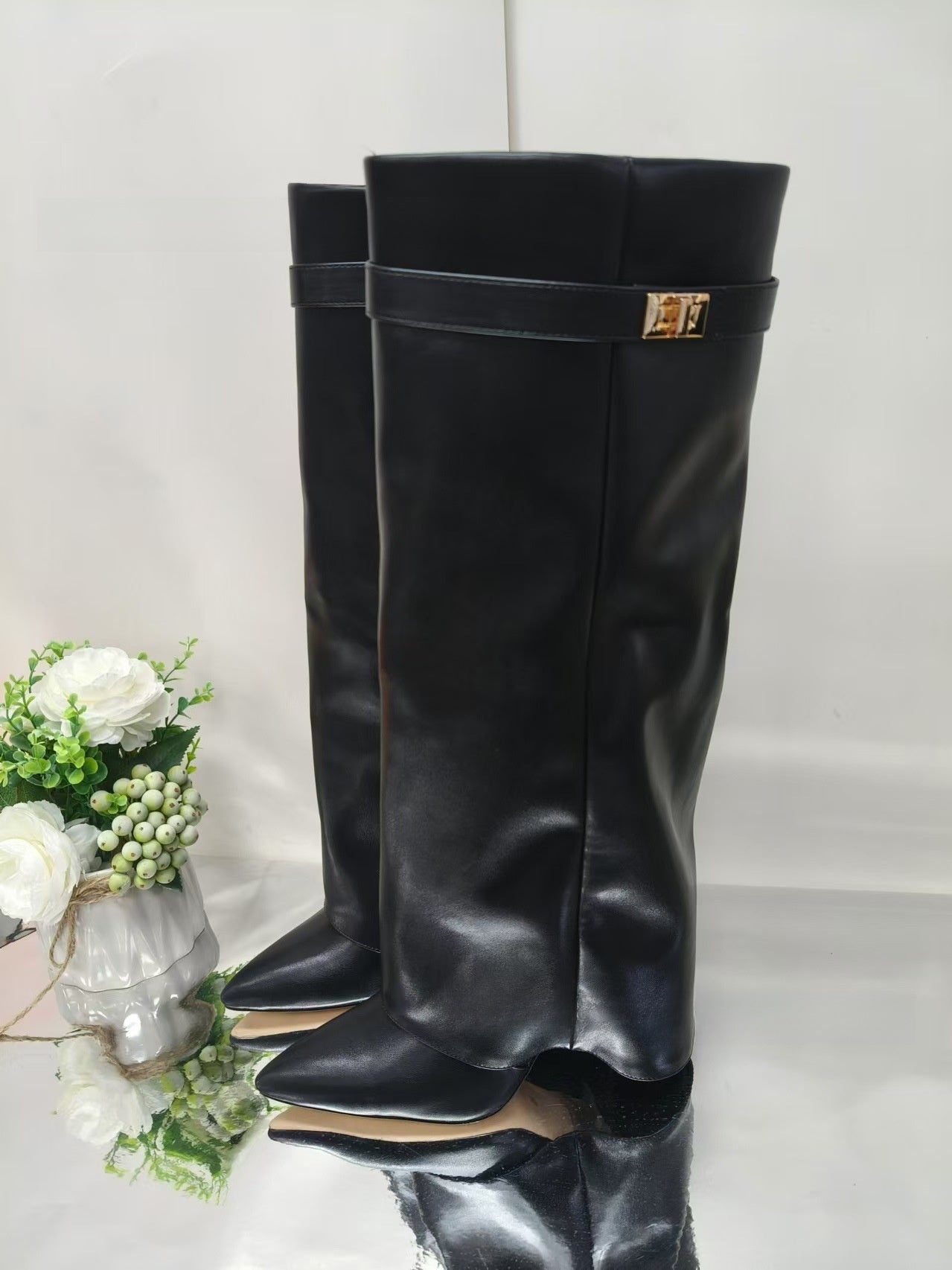 Women's Pointed Toe High Heel Boots with Metal Buckle