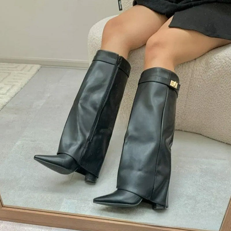 Women's Pointed Toe High Heel Boots with Metal Buckle