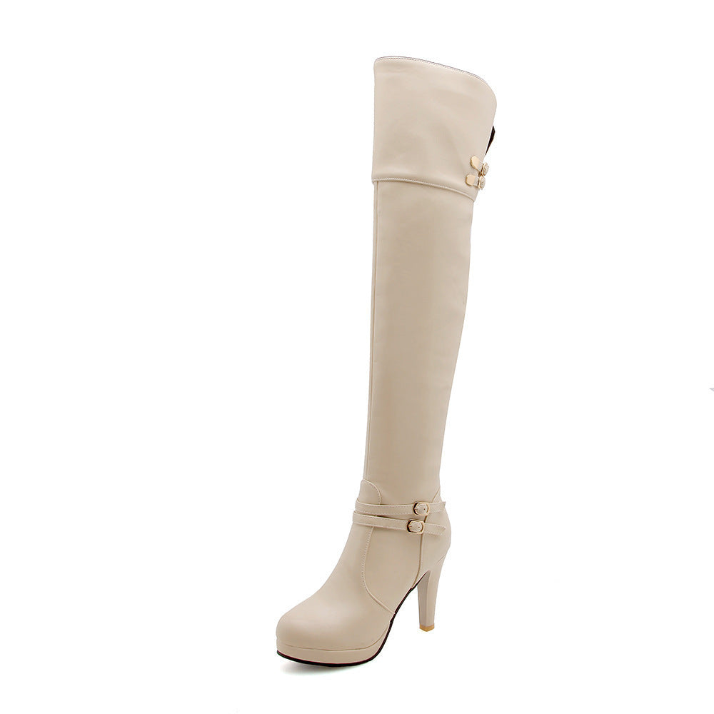 Over The Knee High Heel Almond Toe Waterproof Multi Buckle Platform Boots
