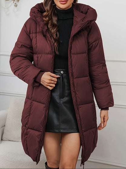 Long Hooded Winter Coat - Lightweight Jacket with Full Zip & Pockets