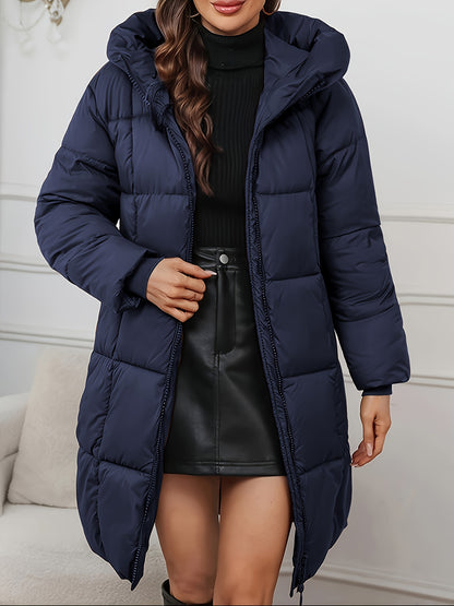 Long Hooded Winter Coat - Lightweight Jacket with Full Zip & Pockets