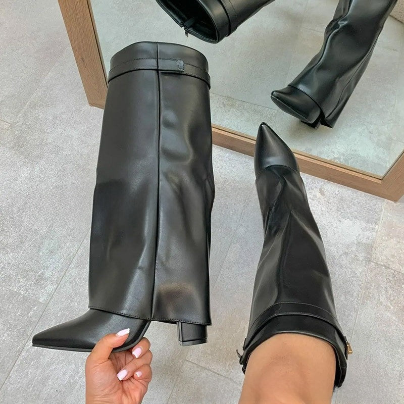 Women's Pointed Toe High Heel Boots with Metal Buckle