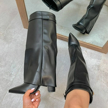 Women's Pointed Toe High Heel Boots with Metal Buckle