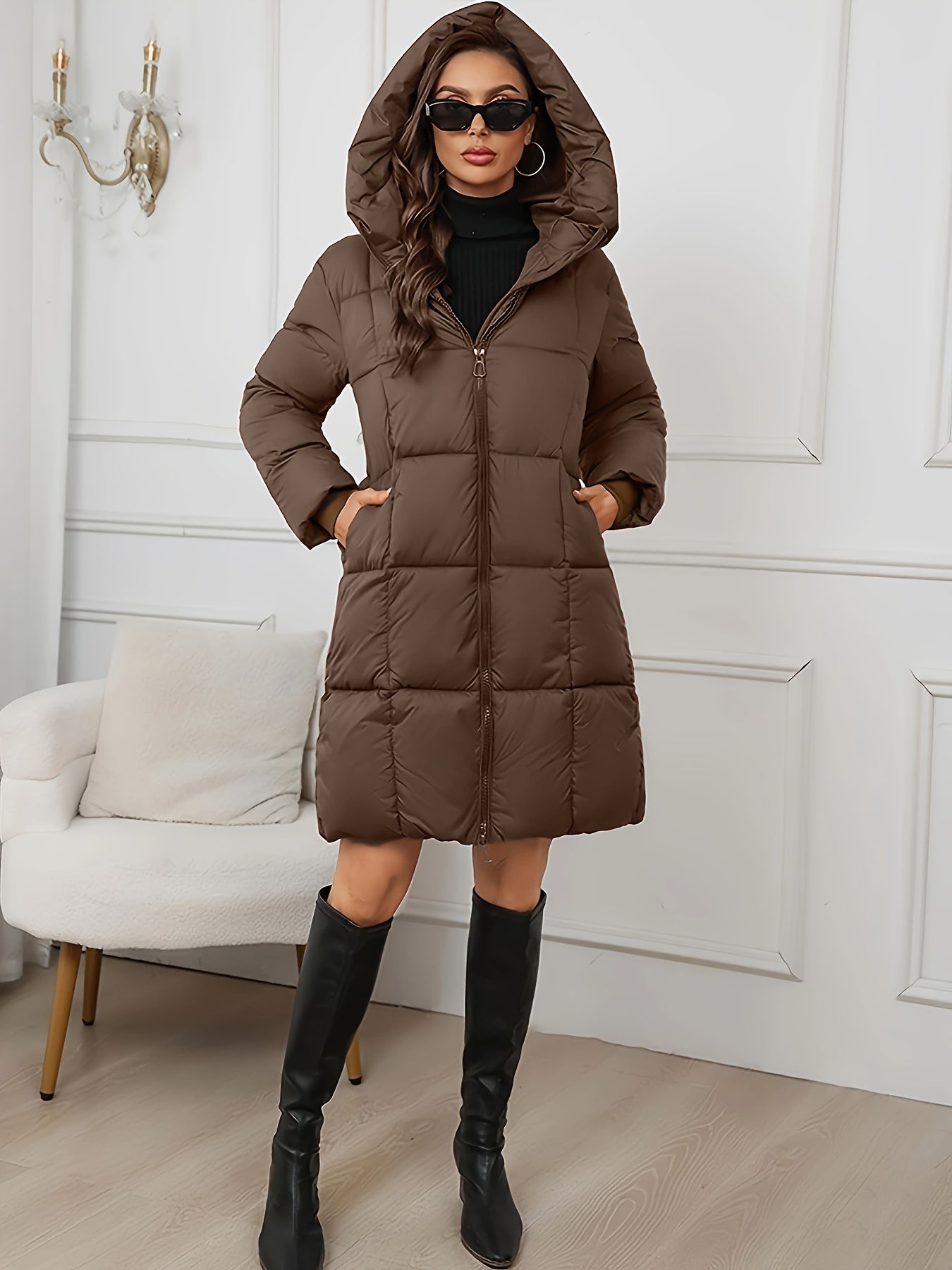 Long Hooded Winter Coat - Lightweight Jacket with Full Zip & Pockets