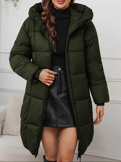 Long Hooded Winter Coat - Lightweight Jacket with Full Zip & Pockets
